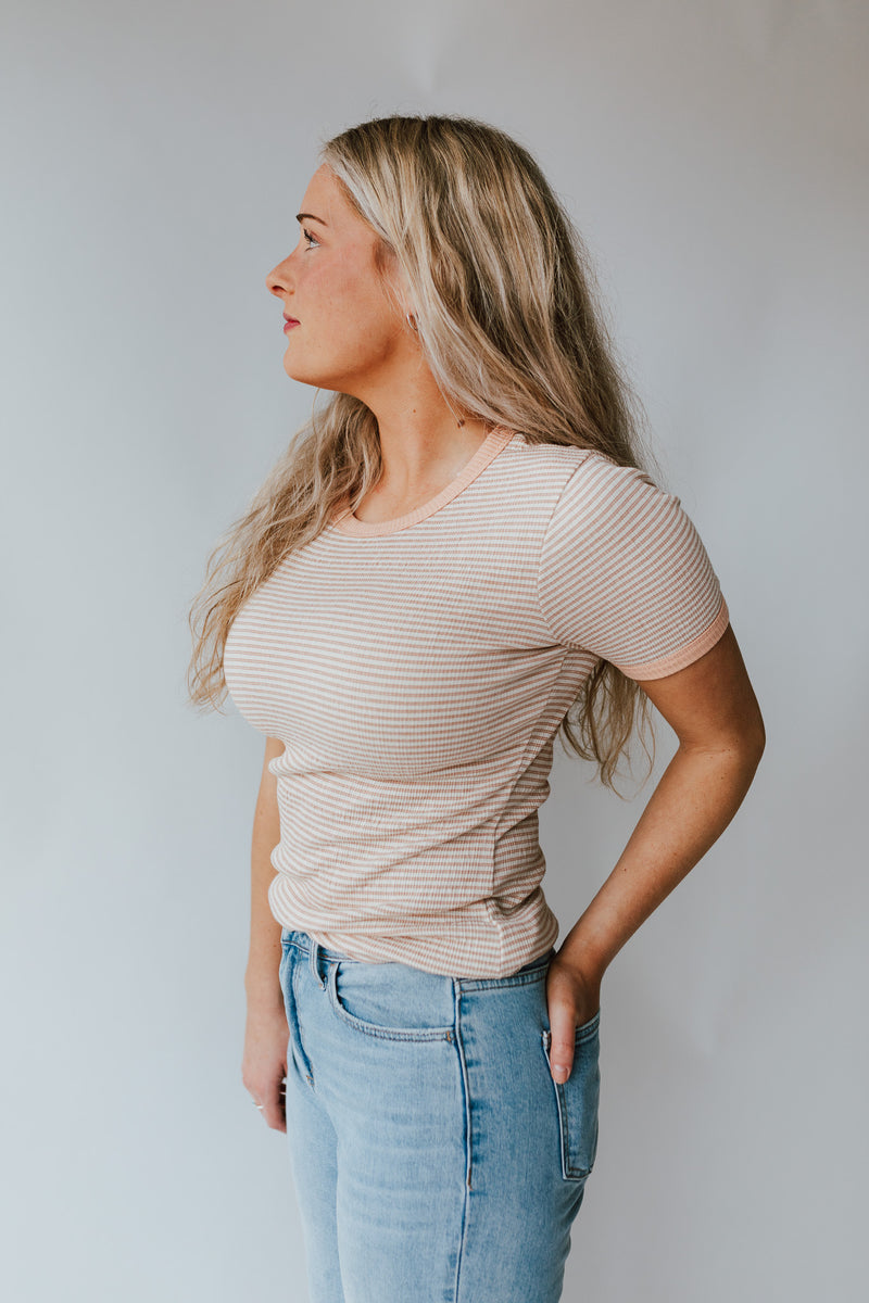 The Felipa Round Neck Stripe Tee in Clay