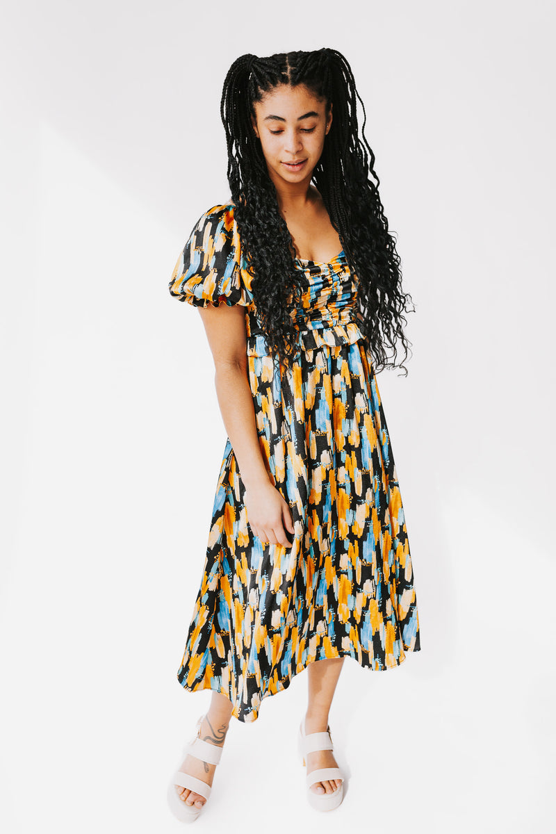 The Shields Abstract Midi Dress in Black Multi