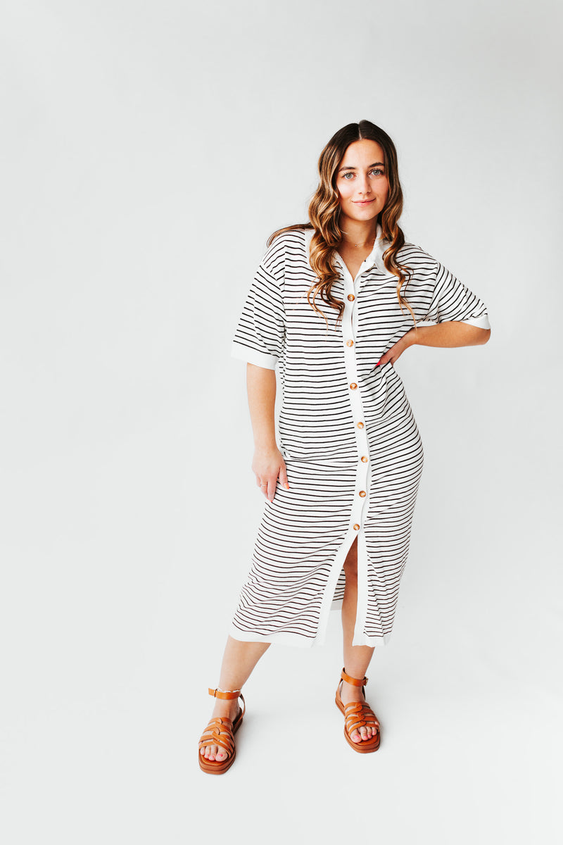 The Bridgers Button Down Dress in Black Stripe