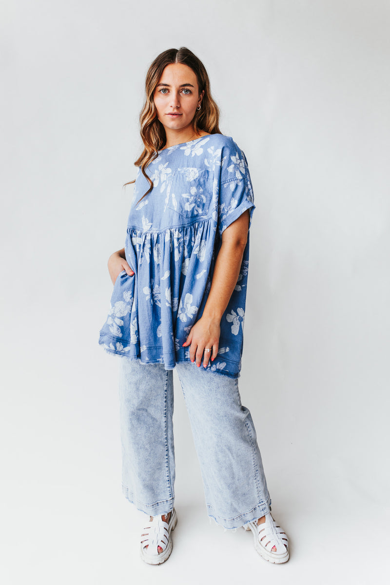 Free People: Moon City Printed Tee in Chambray Combo