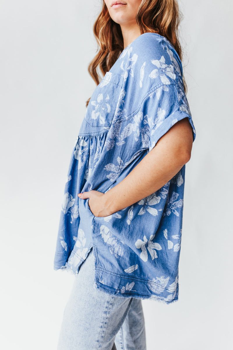 Free People: Moon City Printed Tee in Chambray Combo