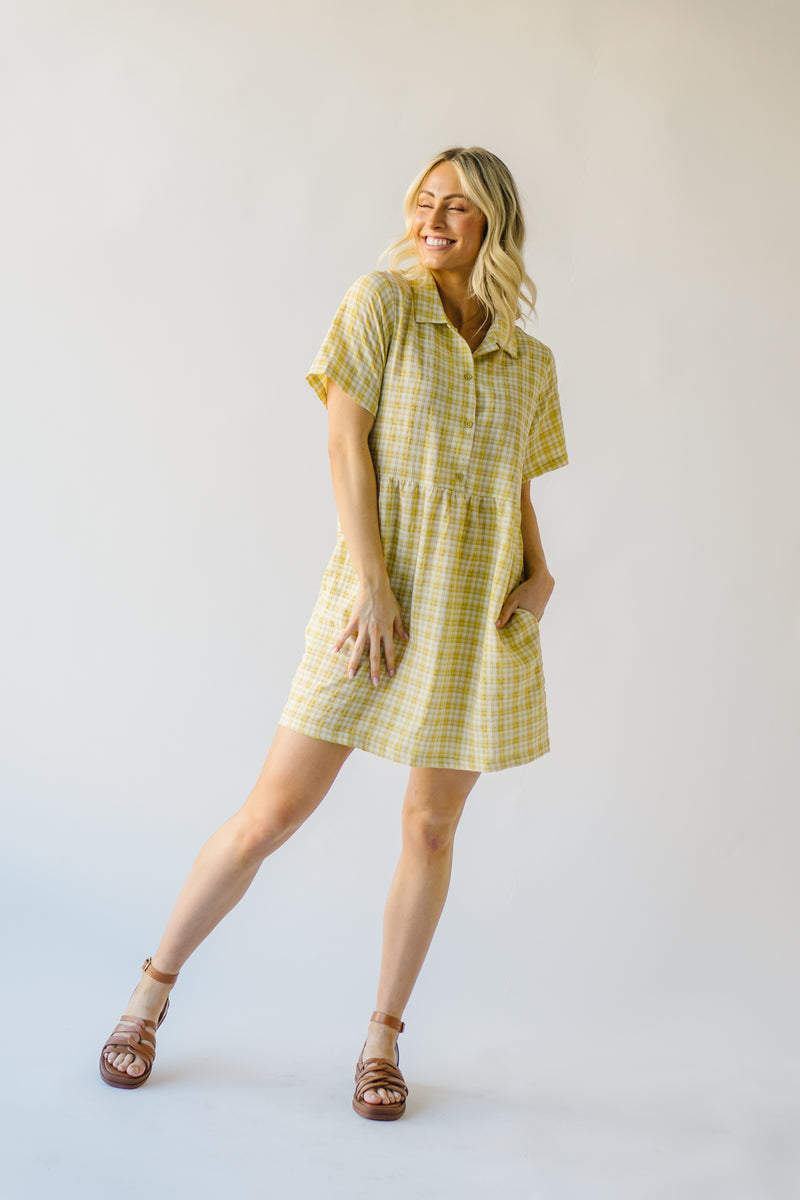 The Maizie Plaid Button Detail Dress in Wheatgrass