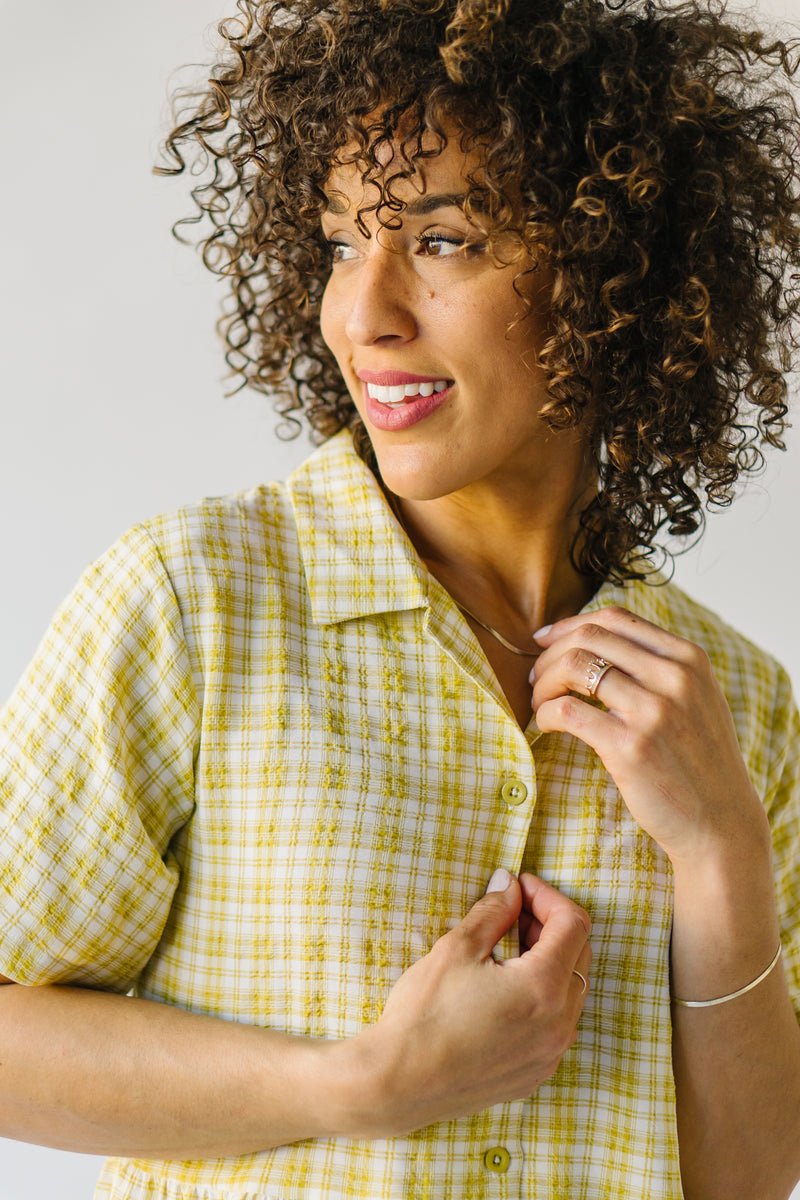 The Maizie Plaid Button Detail Dress in Wheatgrass