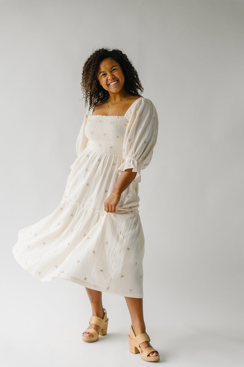  Other Stories midi dress with puff sleeves and front split in delicate  floral print linen  ASOS