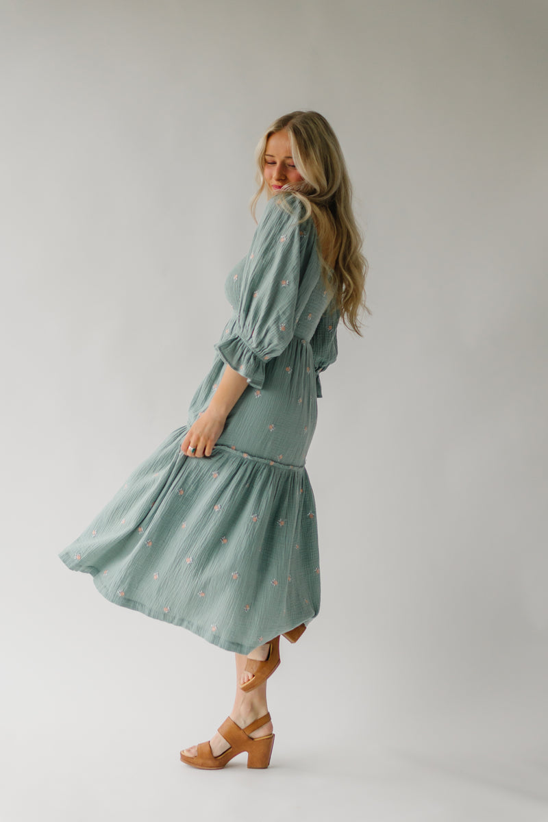 The Tommy Linen Midi Dress in Dusty Sage Floral