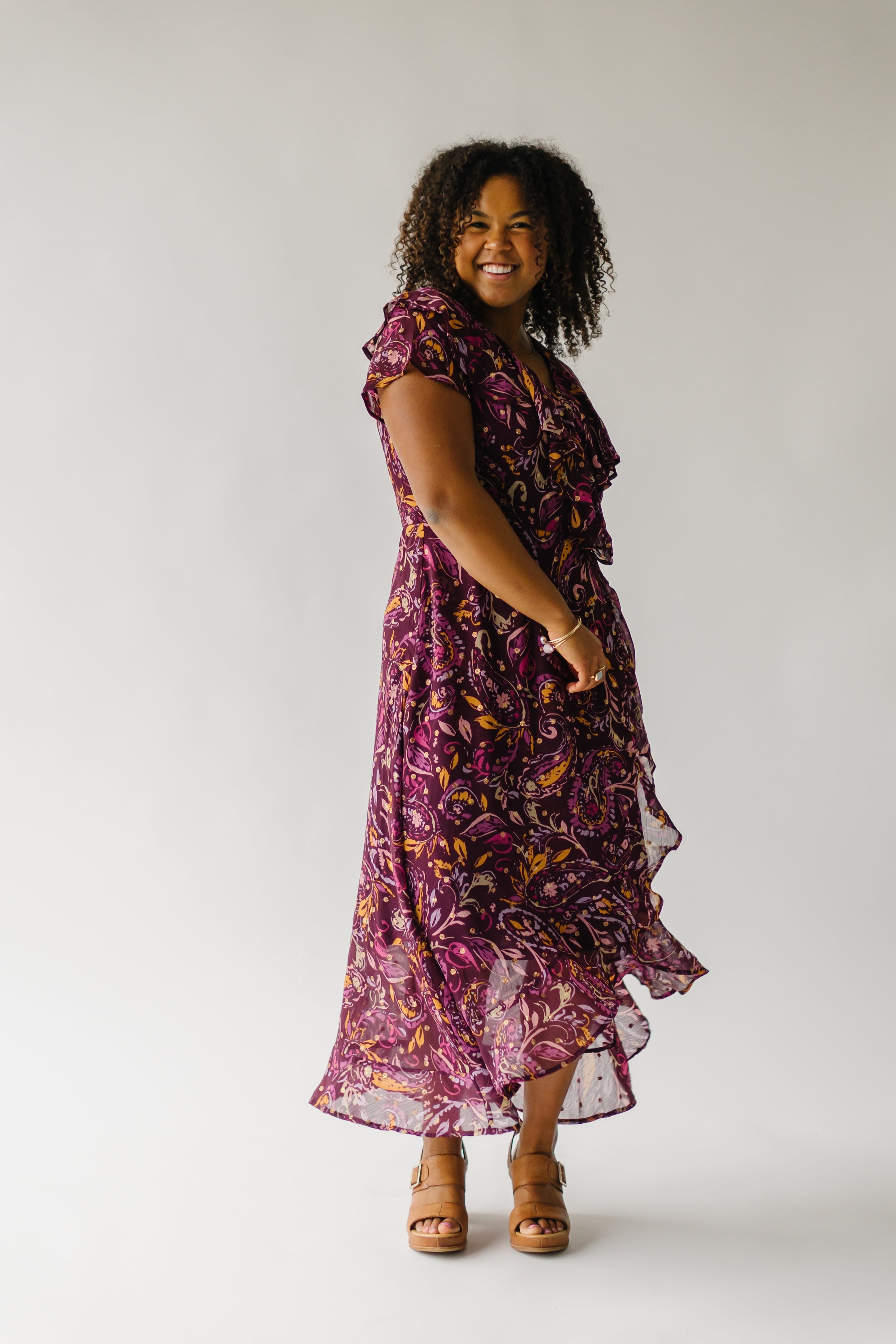 Pellucid Purple Floral Ruffled Wrap Dress Large