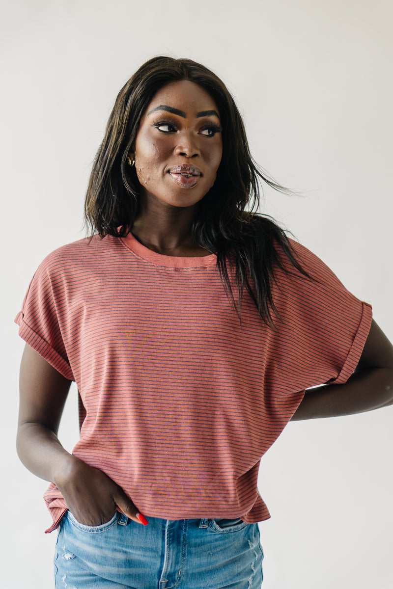 The Johannah Striped Detail Tee in Mauve