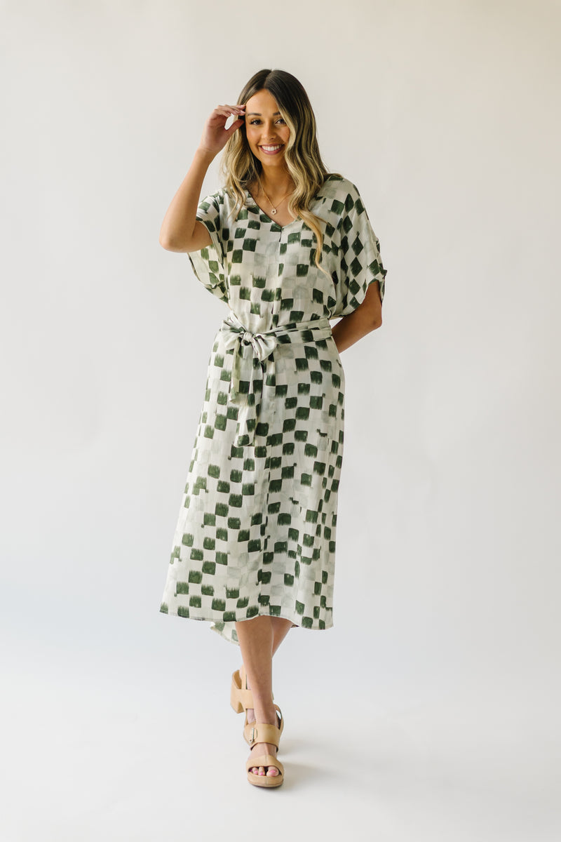 The Salisbury Satin Midi Dress in Checkered Green