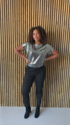 The Zira Short Sleeve Sequin Blouse in Silver + Black