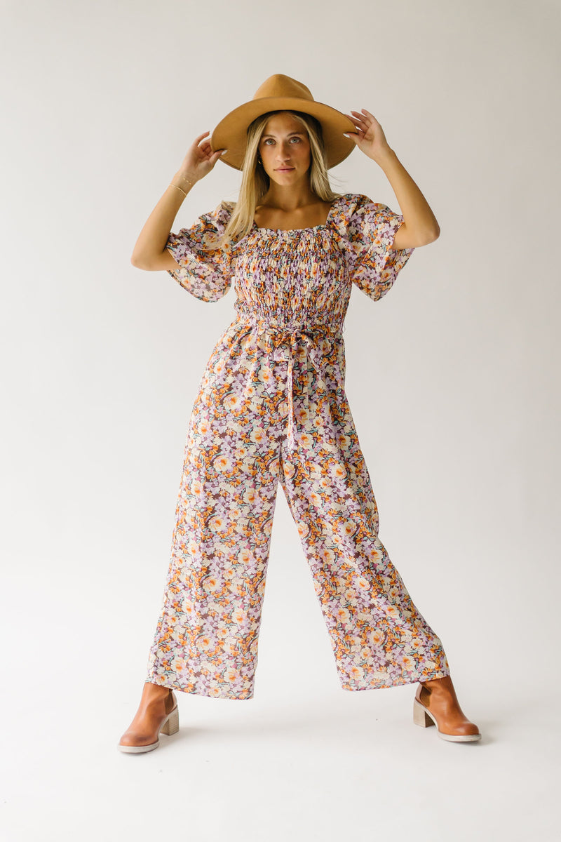The Shonda Belted Square Neck Jumpsuit in Lilac Floral