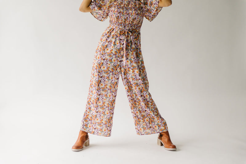 The Shonda Belted Square Neck Jumpsuit in Lilac Floral