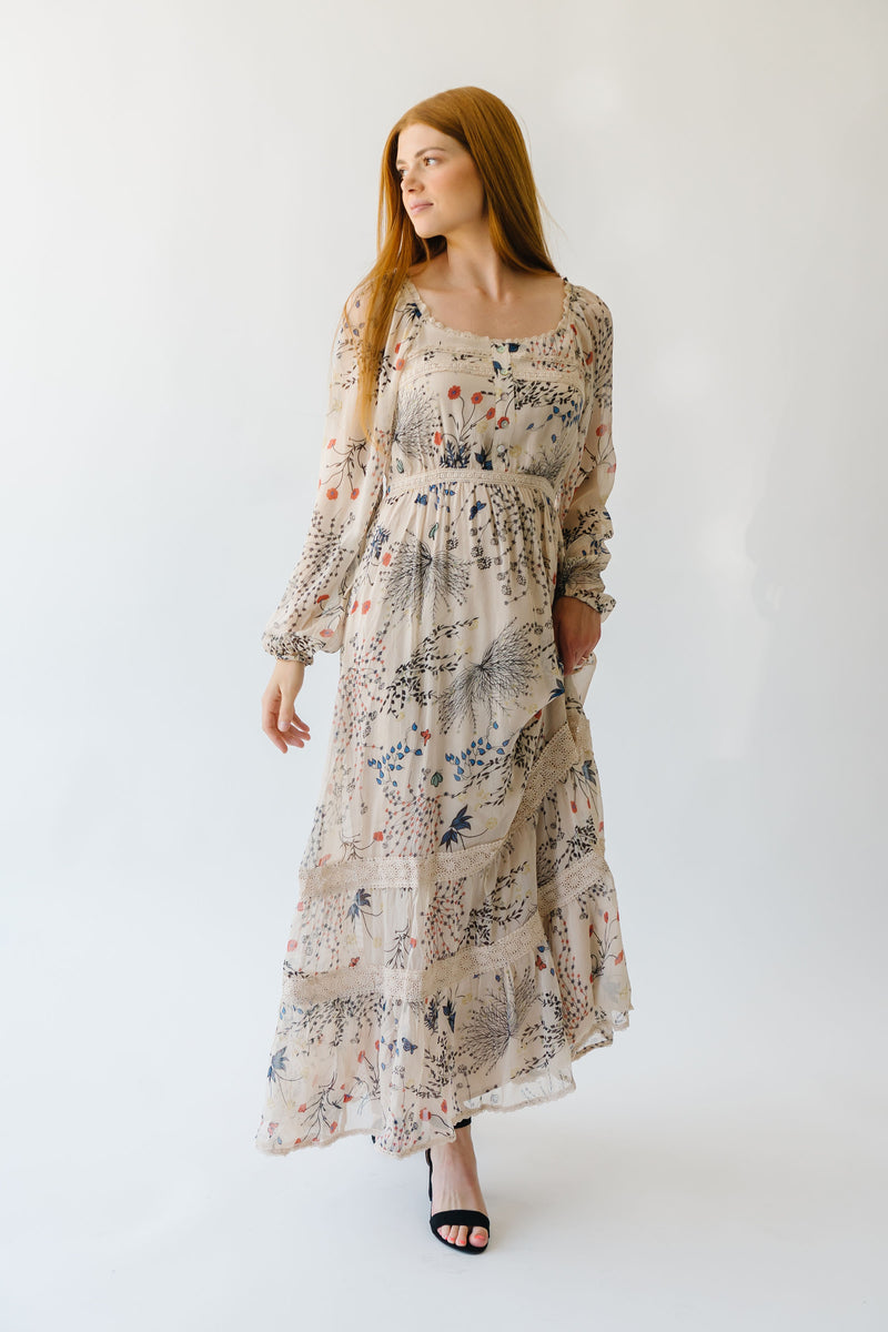 Piper & Scoot: The Corvallis Long Sleeved Maxi Dress in Beige Multi