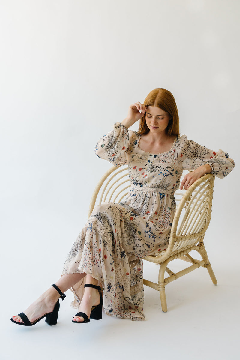 Piper & Scoot: The Corvallis Long Sleeved Maxi Dress in Beige Multi