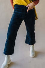 The Sitka Corduroy Wide Leg Crop Pants in Navy, studio shoot; front view