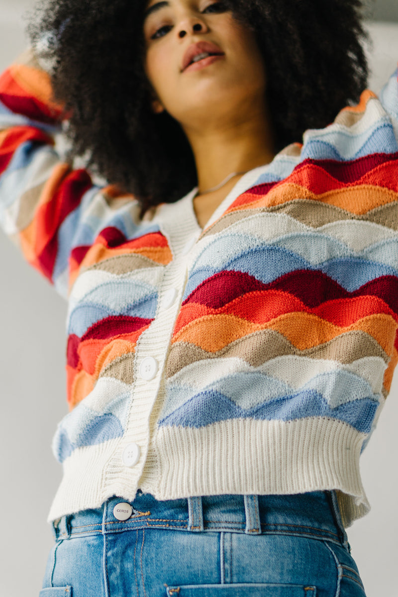 The Kelowna Scalloped Cardigan in Red Multi