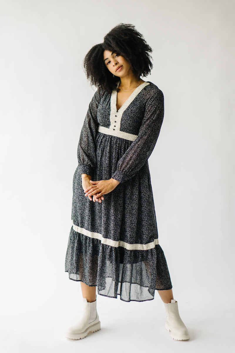 The Yelinda Lace Detail Midi Dress in Black