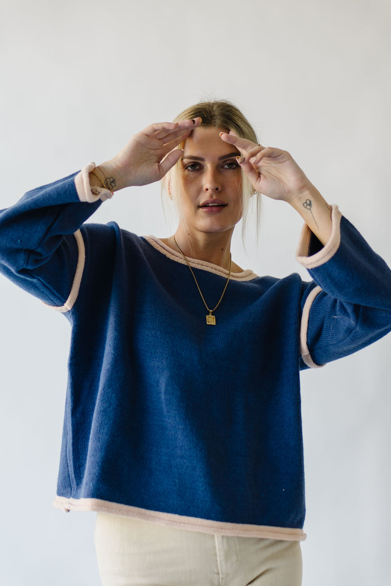 The Halston Pullover Sweater in Midnight, studio shoot; front view