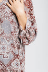The Shauna Patterned Dress in Dusty Blue, studio shoot; front view