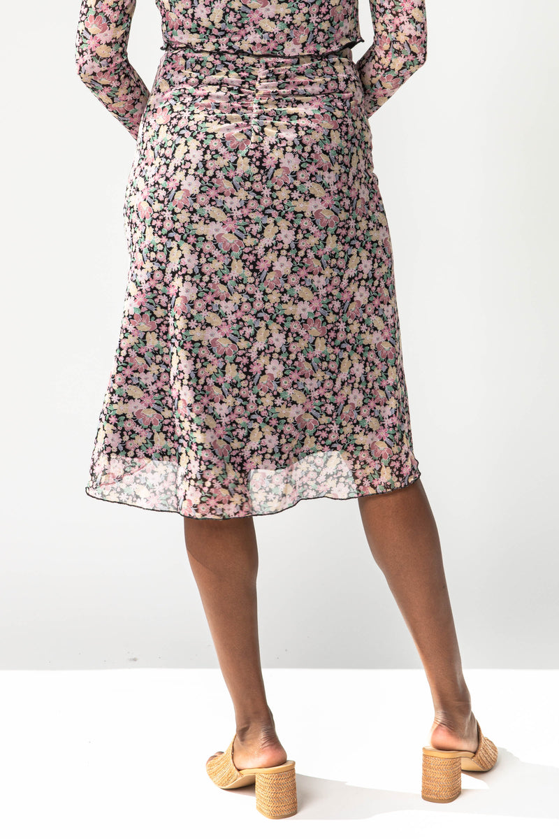 The Jolie Ruched Floral Skirt in Black