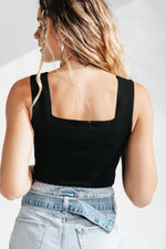 The Cane Cropped Tank in Black, studio shoot; back view