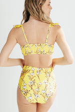 SWIM: The Judah High Waisted Two Piece Set in Yellow Floral, studio shoot; back view