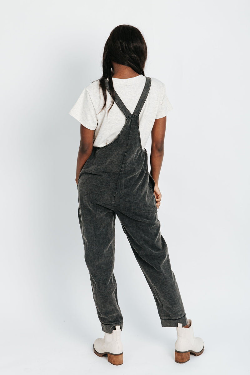 Piper & Scoot: The Truman Pocket Overalls in Charcoal, studio shoot; back view