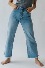 The Derek High Rise Wide Leg Jeans in Light Denim, studio shot; front view
