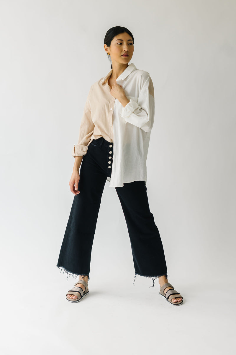 The Fritz Oversized Button-Up in White + Taupe, studio shoot; front view