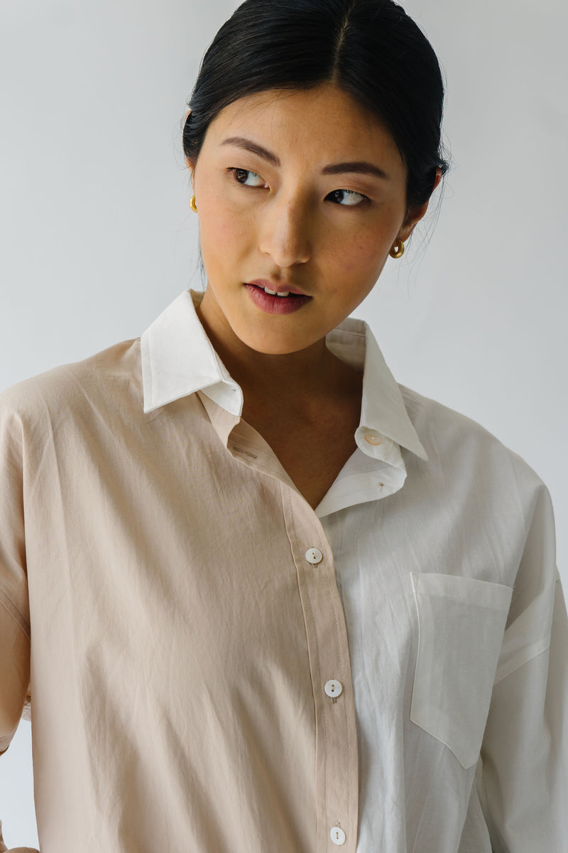 The Fritz Oversized Button-Up in White + Taupe, studio shoot; front view
