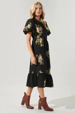 The Tulane Tiered Midi Dress in Black Floral