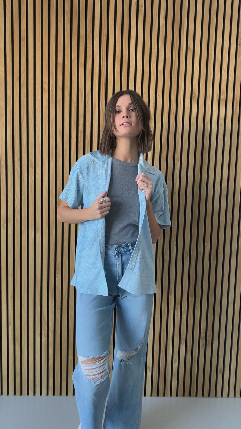The McCleary Textured Button-Up Blouse in Blue Velvet