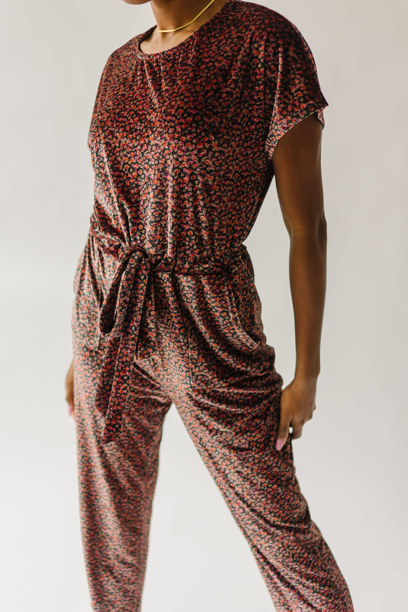 Piper & Scoot: The Bianca Cinch Jumpsuit in Ribbed Velvet in Pink Floral