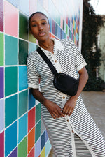 The Bridgers Button Down Dress in Black Stripe
