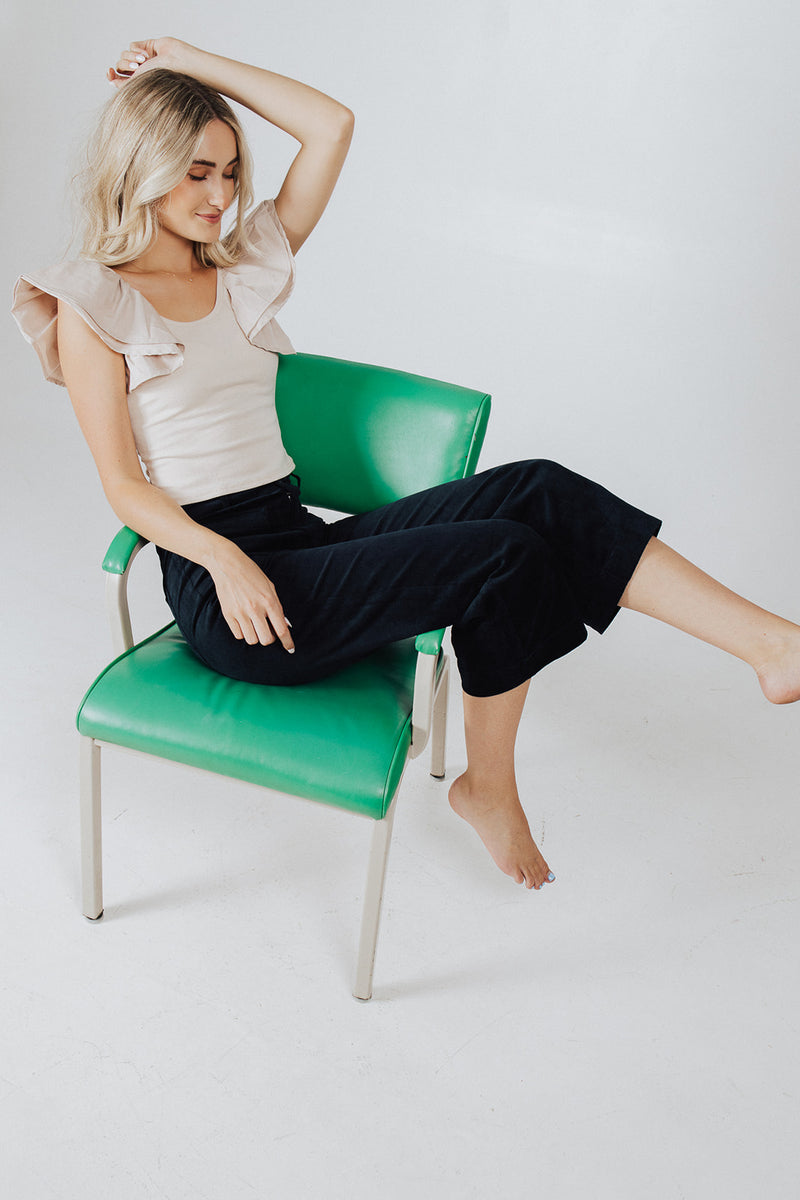 The Sitka Corduroy Wide Leg Crop Pants in Navy, studio shoot; front view