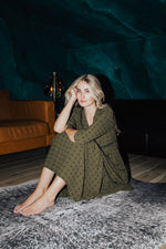 The Wasilla Swiss Dot V-Neck Maxi Dress in Deep Green