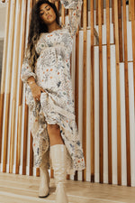 Piper & Scoot: The Corvallis Long Sleeved Maxi Dress in Beige Multi