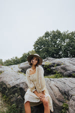 Piper & Scoot: The Adanna Floral Detail Dress in Cream, lifestyle shoot; front view